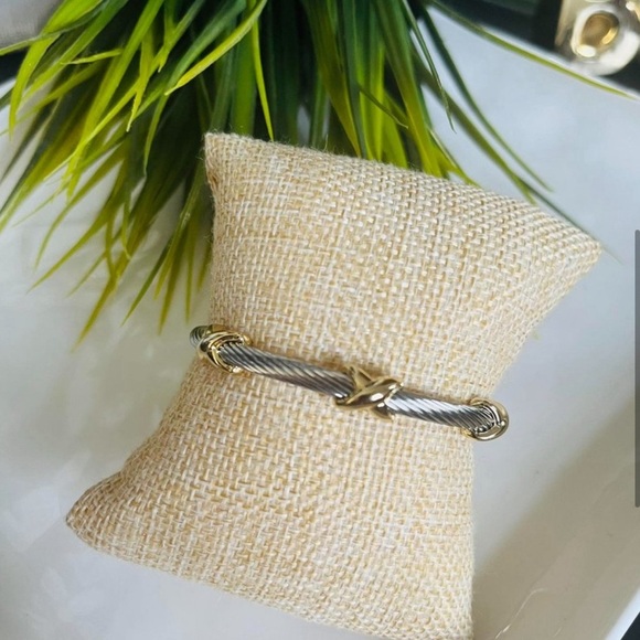 GOLD & SILVER PLATED TITANIUM STEEL ROPE CUFF BRACELETS WITH “X” DETAILS - Picture 11 of 12